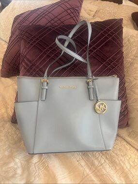 Michael Kors Pale Blue Saffiano Leather Tote with Gold MK Charm